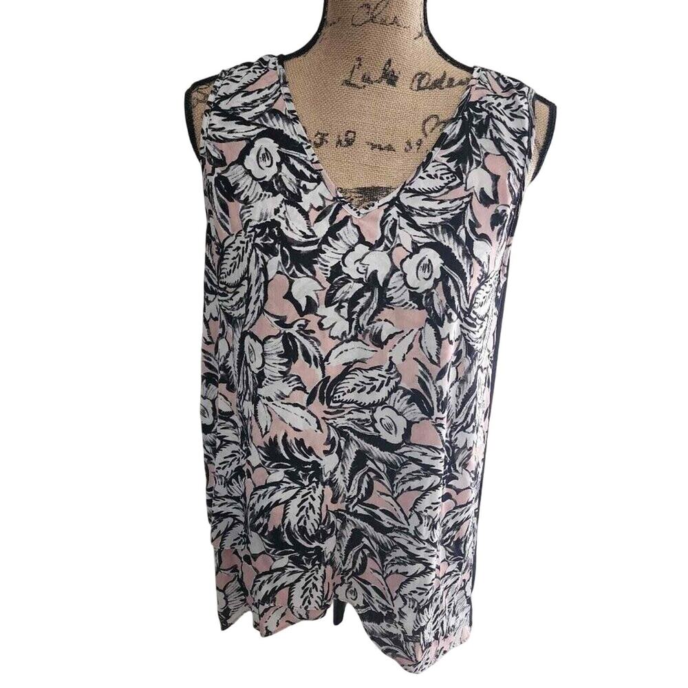 Karen Kane Pink Floral V-Neck Sleeveless Blouse Mixed Media High-Low Top Medium